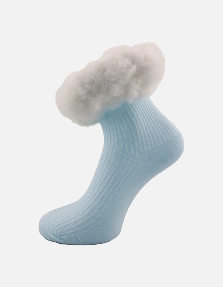 Blue and White Faux Fur Trim Socks