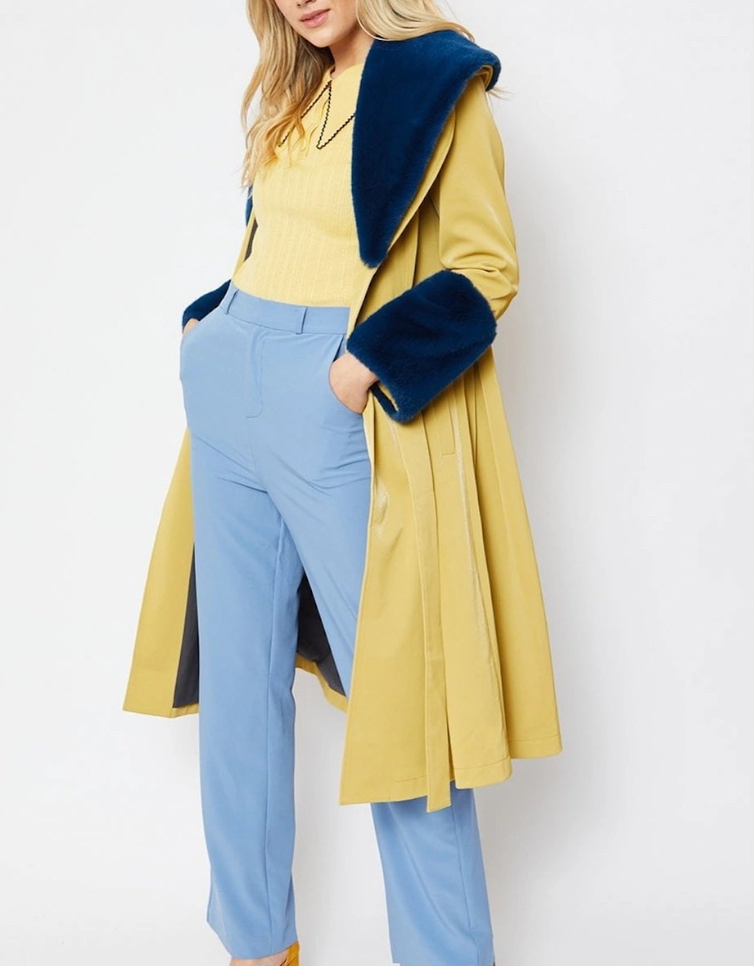 Yellow Trench Style Belted Coat with Faux Fur Cuffs and Collar