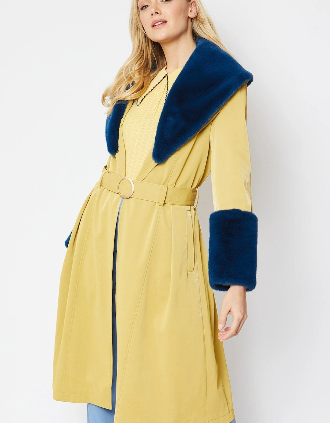 Yellow Trench Style Belted Coat with Faux Fur Cuffs and Collar