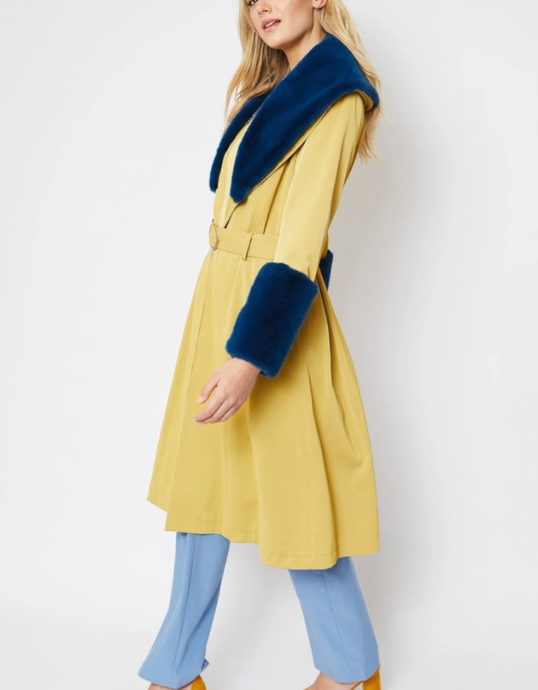 Yellow Trench Style Belted Coat with Faux Fur Cuffs and Collar