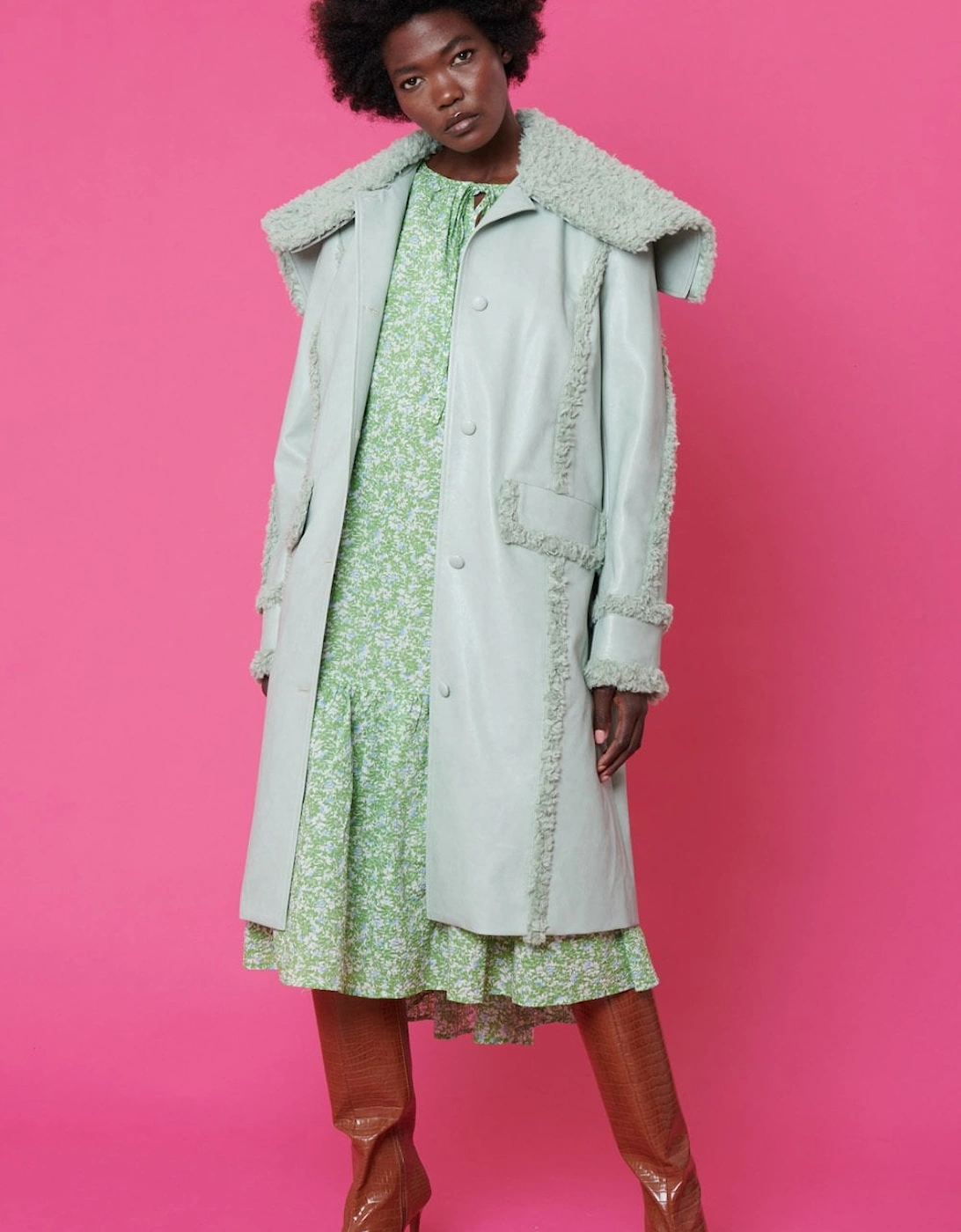 Faux Shearling and Faux Leather Aviator Style Trench in Mint Green, 6 of 5