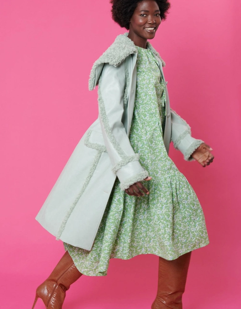Faux Shearling and Faux Leather Aviator Style Trench in Mint Green