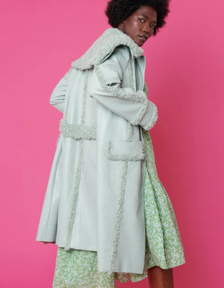 Faux Shearling and Faux Leather Aviator Style Trench in Mint Green