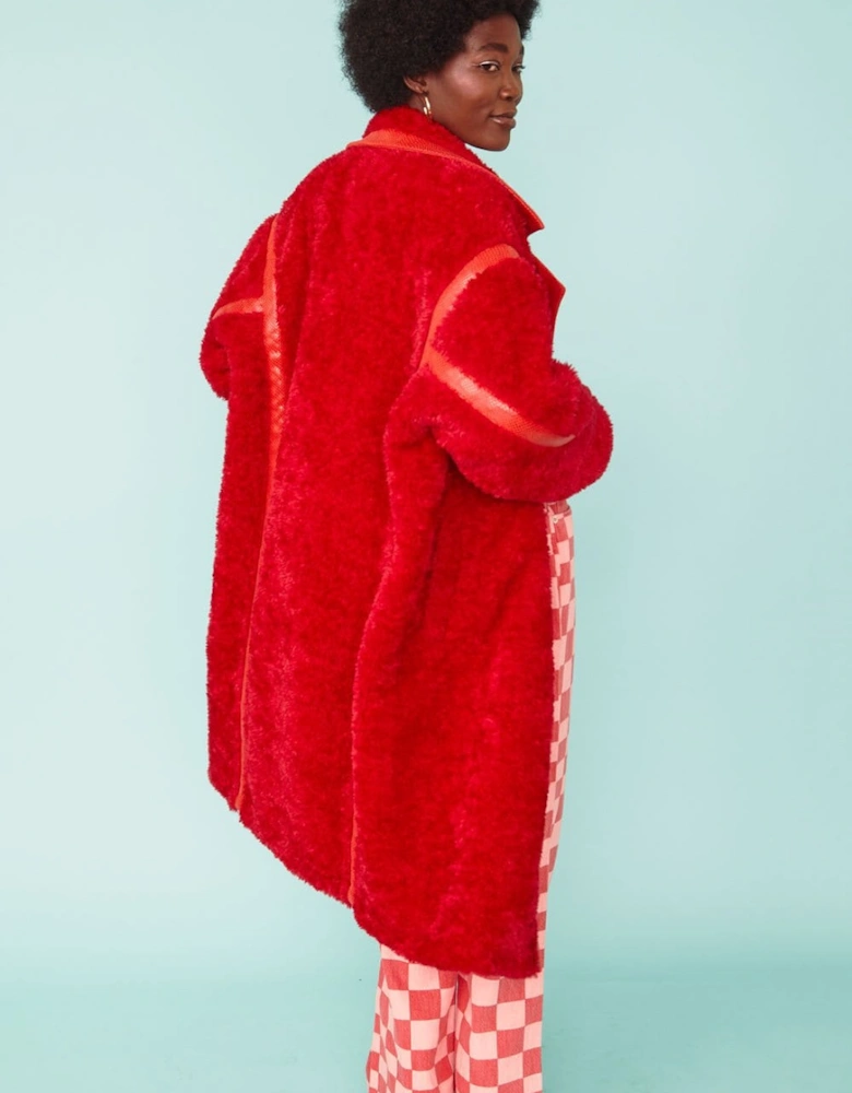Faux Fur Oversized Coat with Faux Suede Details in Red
