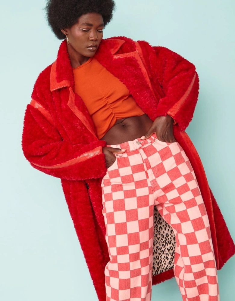 Faux Fur Oversized Coat with Faux Suede Details in Red