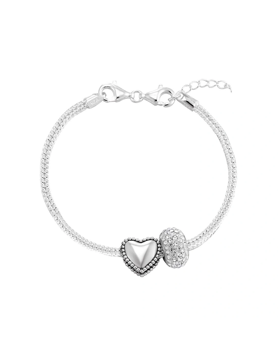Sterling Silver Charm Bracelet with heart & crystal charm, 2 of 1