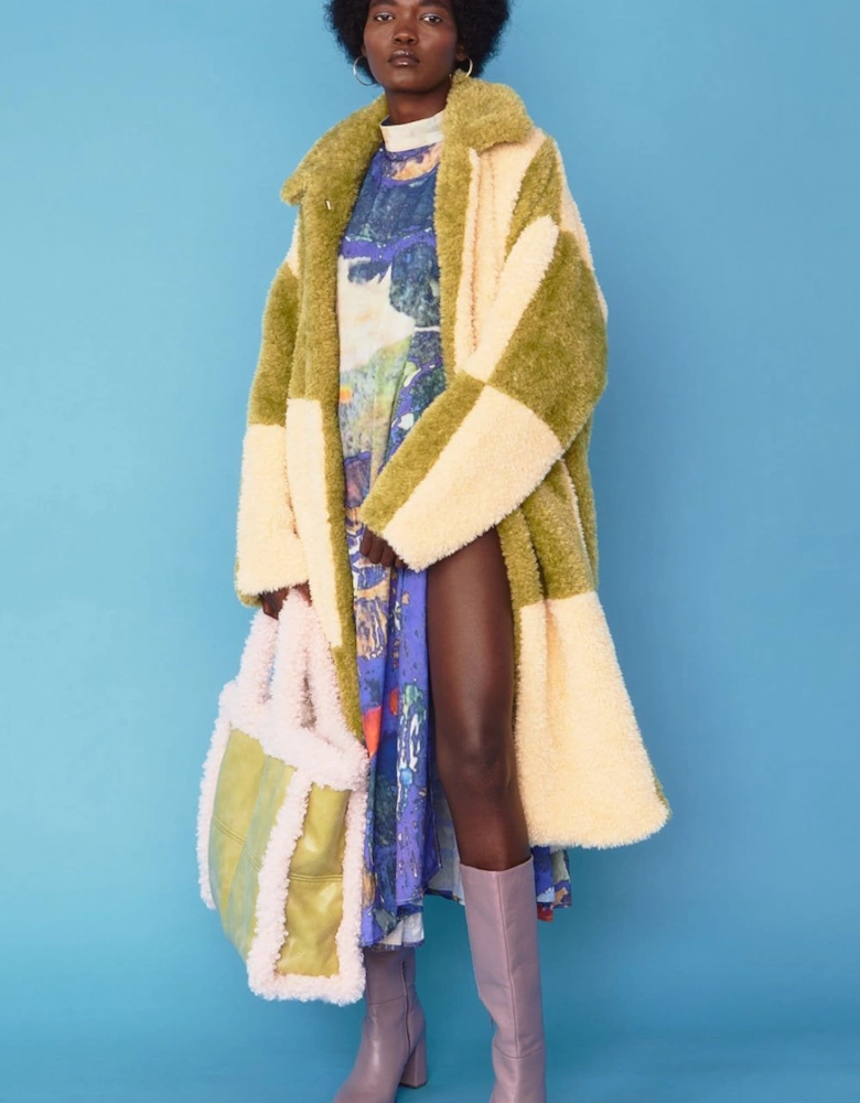 Checkered Cream and Green Faux Shearling Oversized Coat