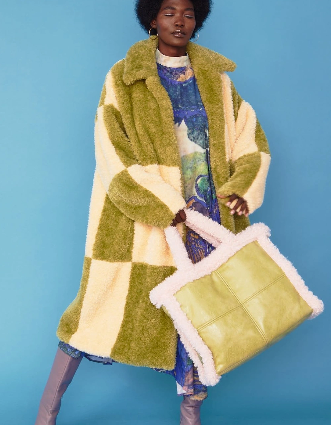 Checkered Cream and Green Faux Shearling Oversized Coat