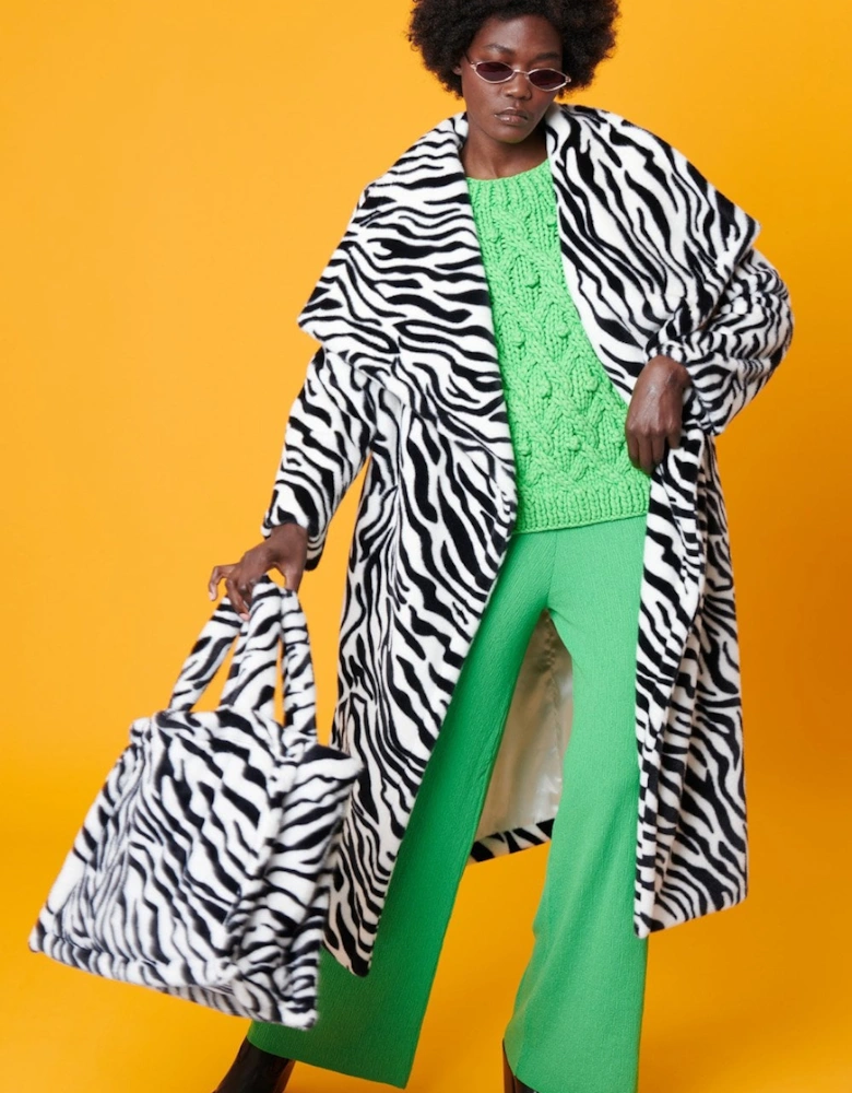 Zebra Print Faux Fur Maxi Coat