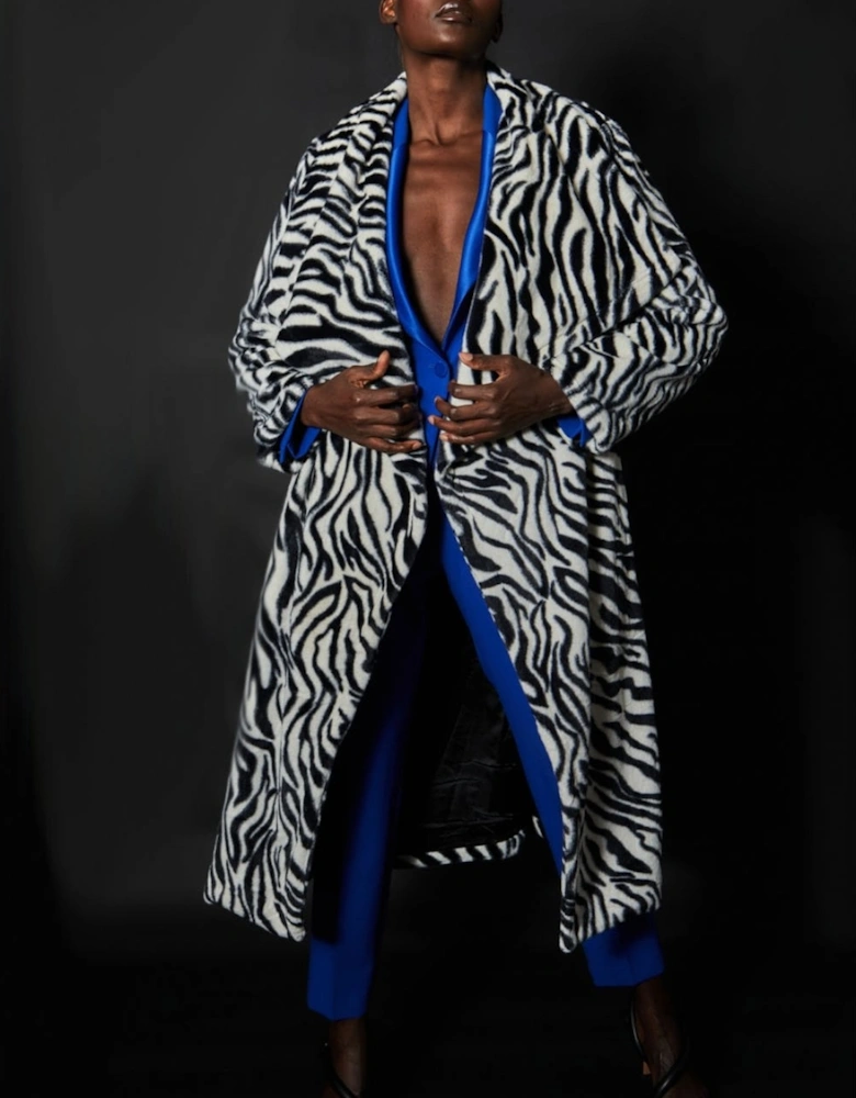 Zebra Print Faux Fur Maxi Coat