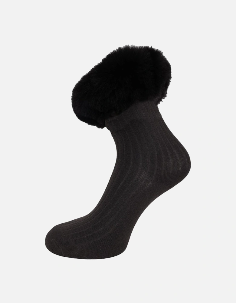 Black Silk Blend Socks with Faux Fur Trim