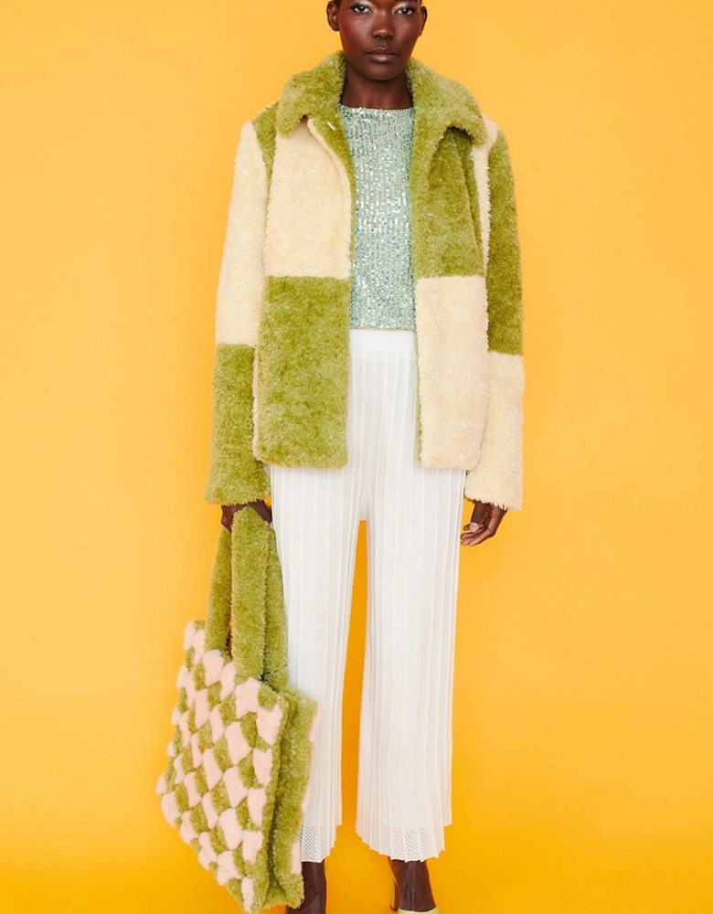 Green and Cream Faux Shearling Checkered Oversized Coat