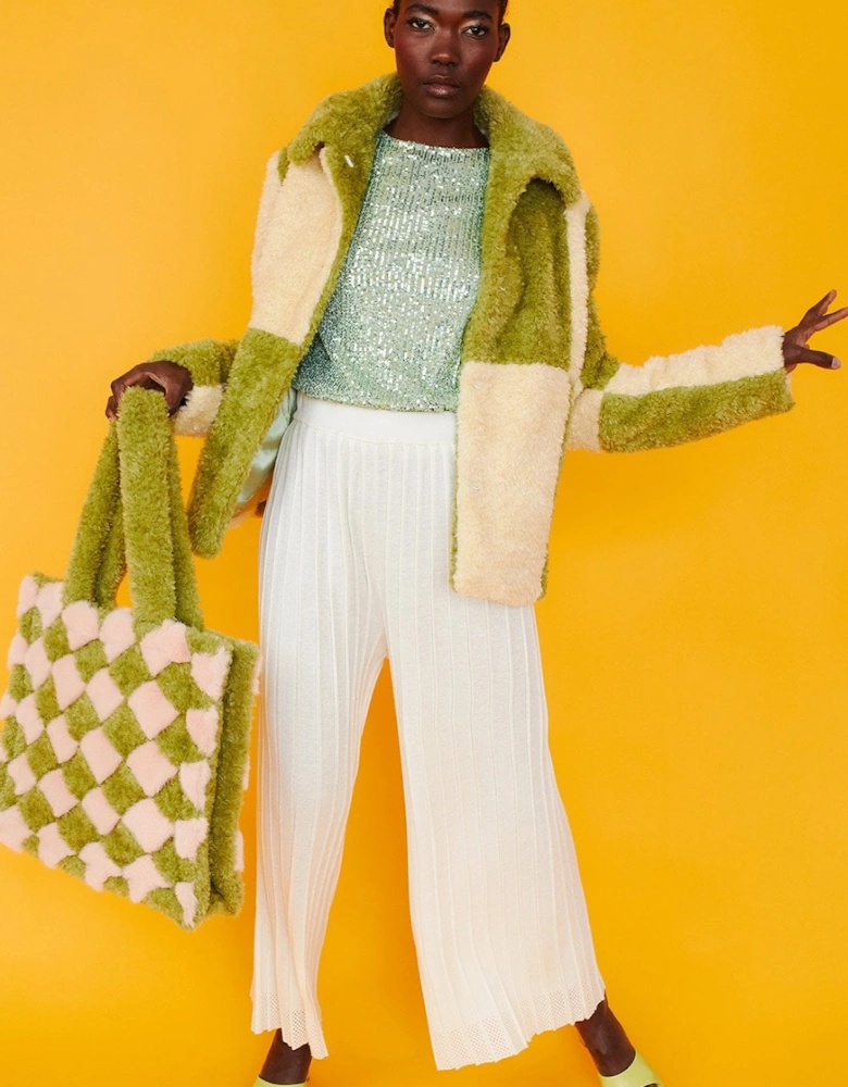 Green and Cream Faux Shearling Checkered Oversized Coat