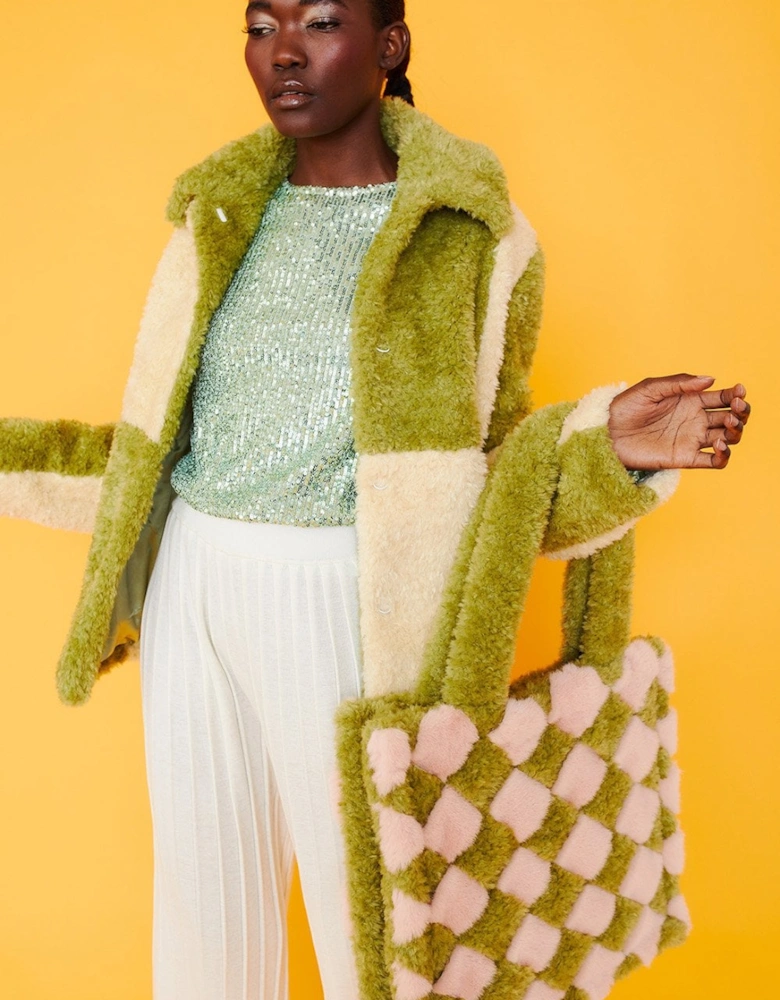 Green and Cream Faux Shearling Checkered Oversized Coat