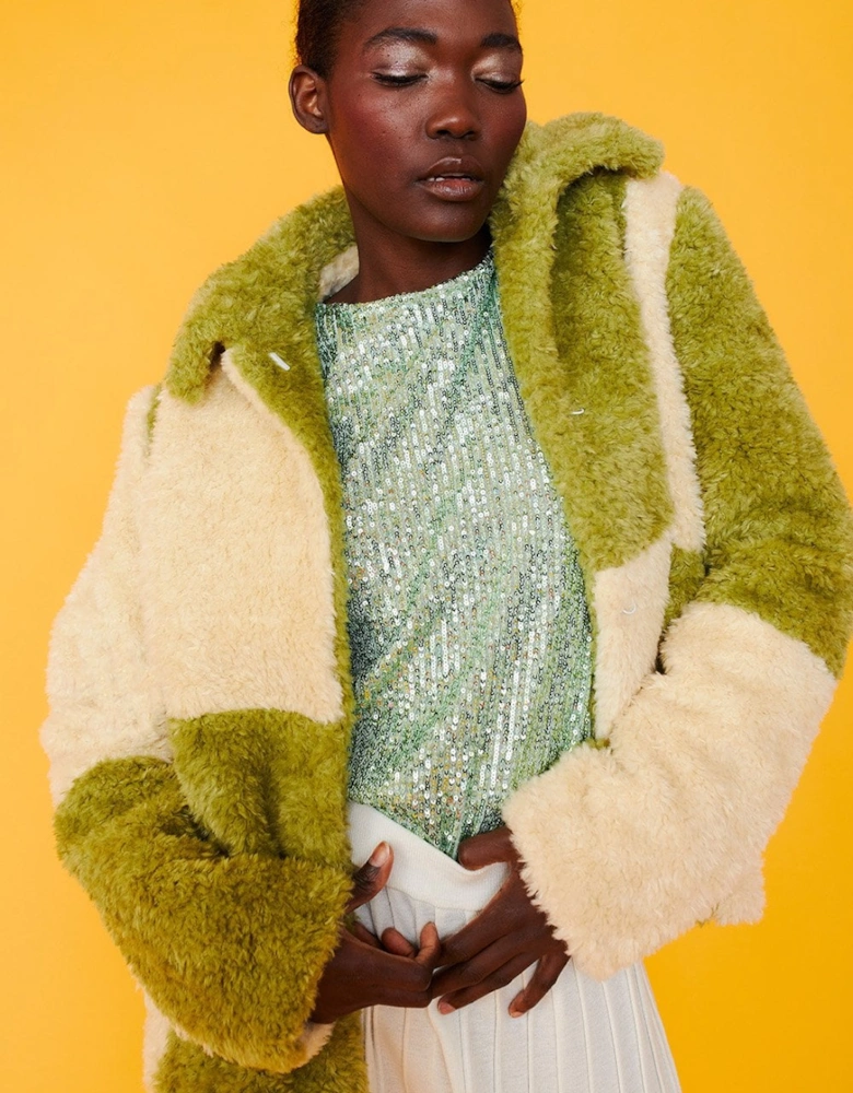 Green and Cream Faux Shearling Checkered Oversized Coat