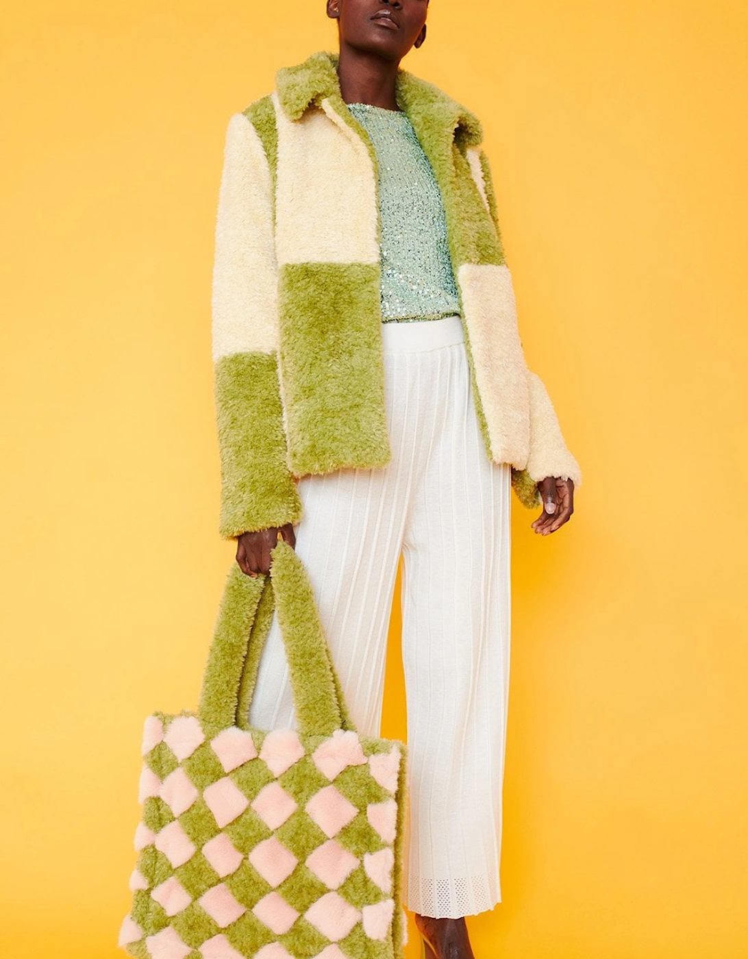 Green and Cream Faux Shearling Checkered Oversized Coat