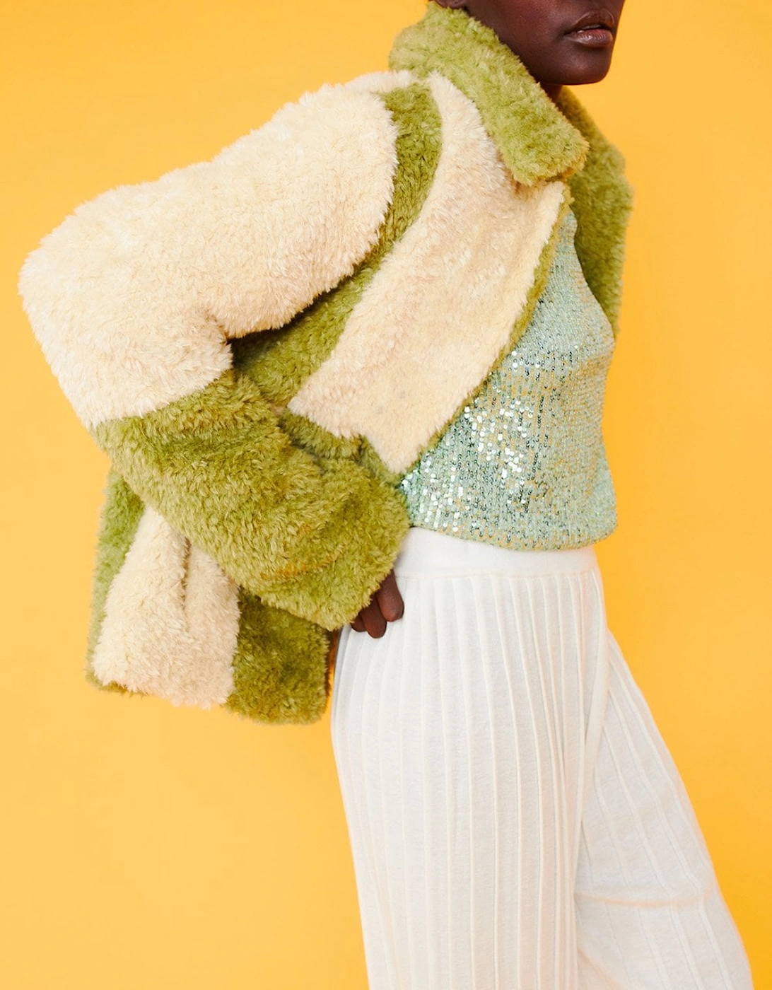 Green and Cream Faux Shearling Checkered Oversized Coat