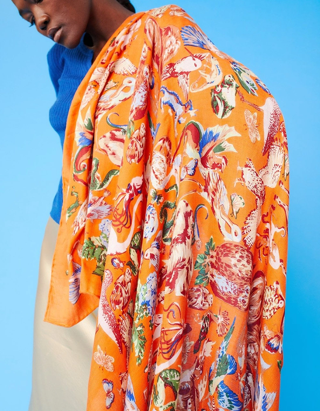 Orange Cashmere Blend Hand Painted Print Wrap