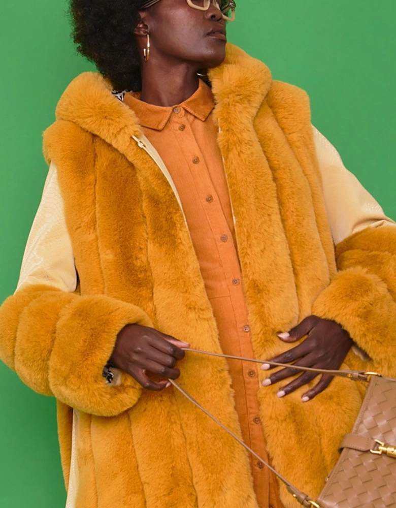 Yellow Faux Fur and Faux Leather Panelled Coat