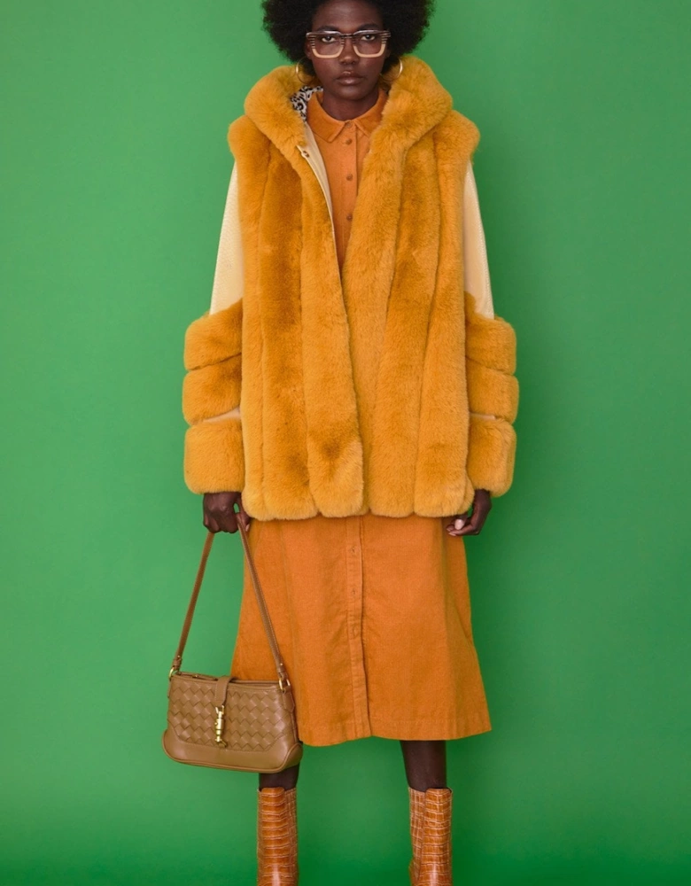 Yellow Faux Fur and Faux Leather Panelled Coat