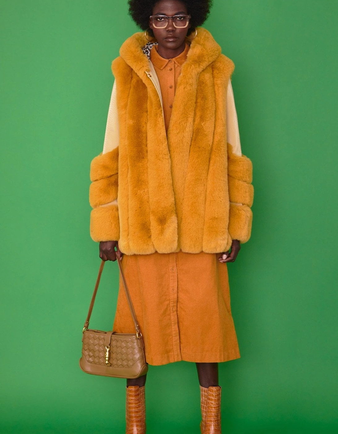 Yellow Faux Fur and Faux Leather Panelled Coat