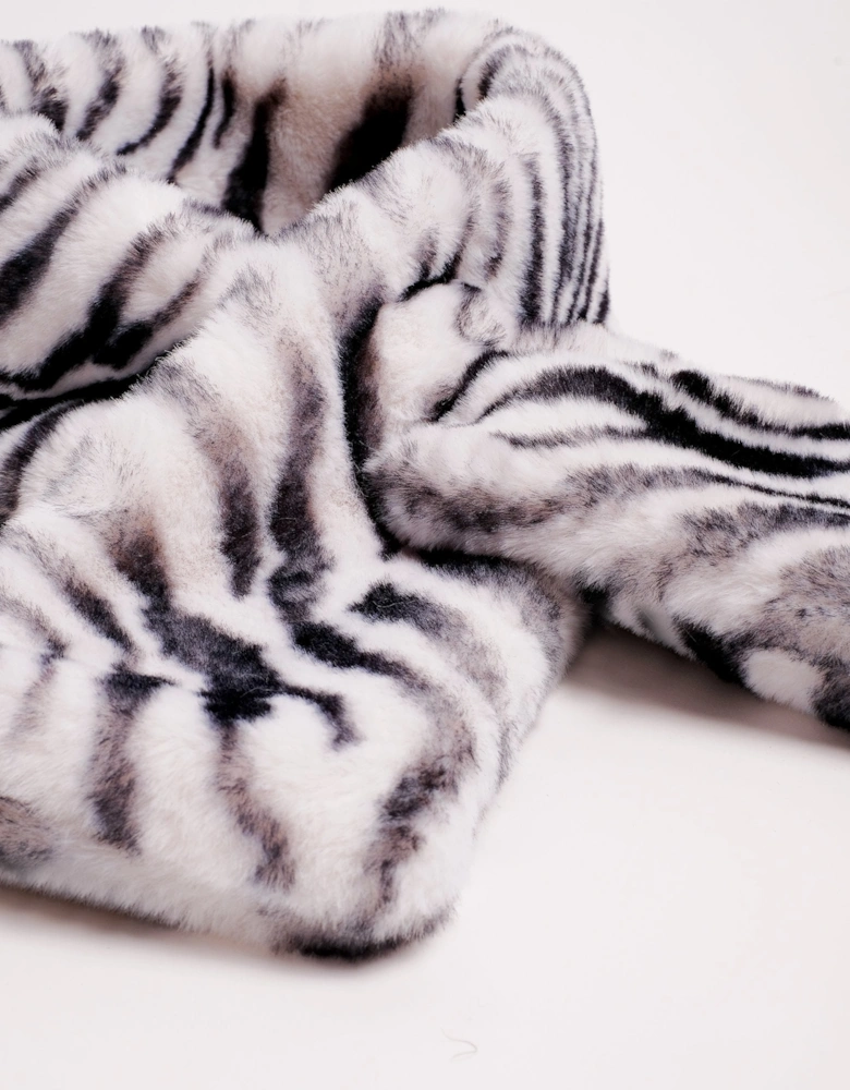 Black Zebra Print Faux Fur Scarf