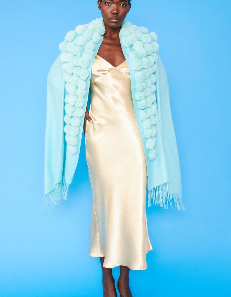 Turquoise Cashmere Blend Faux Fur Pom Pom Wrap