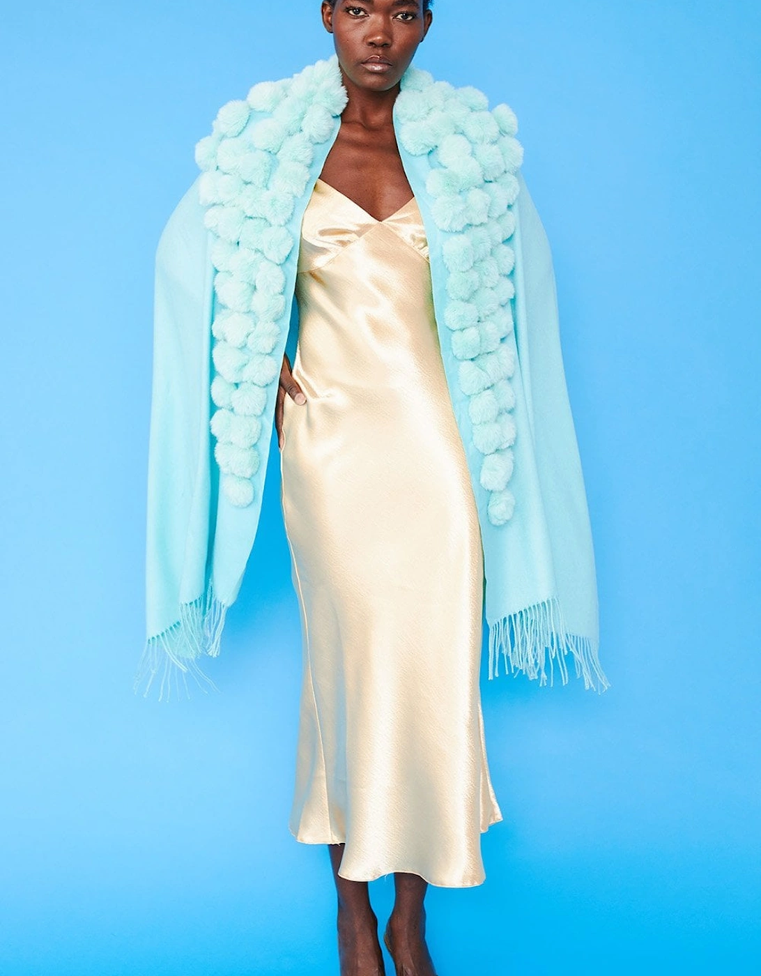 Turquoise Cashmere Blend Faux Fur Pom Pom Wrap, 6 of 5