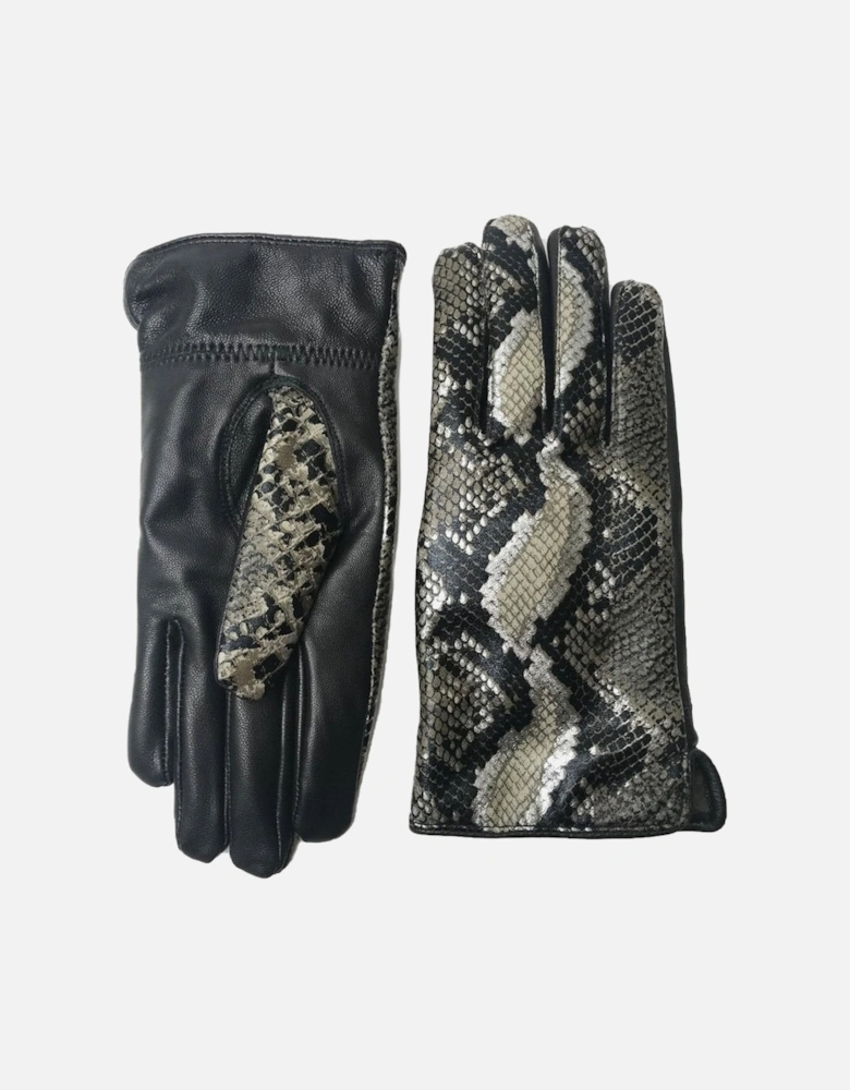 Khaki Luxe Leather Snake Print Gloves