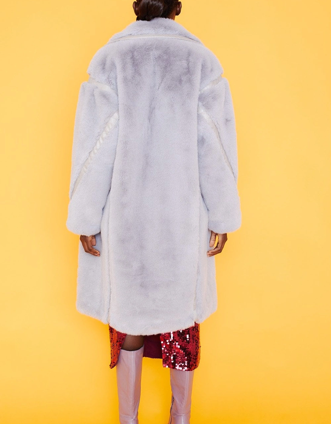 Faux Fur Oversized Coat with Faux Suede Details in Grey