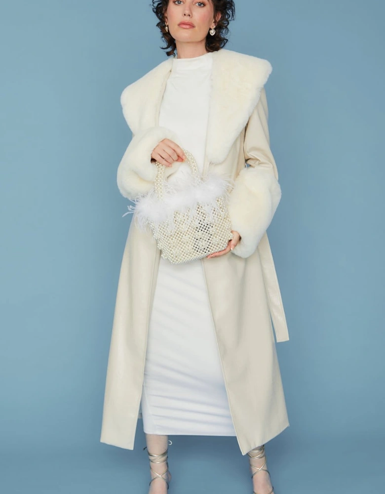 White Faux Leather Jacket With Detachable Faux Fur Cuffs & Collar