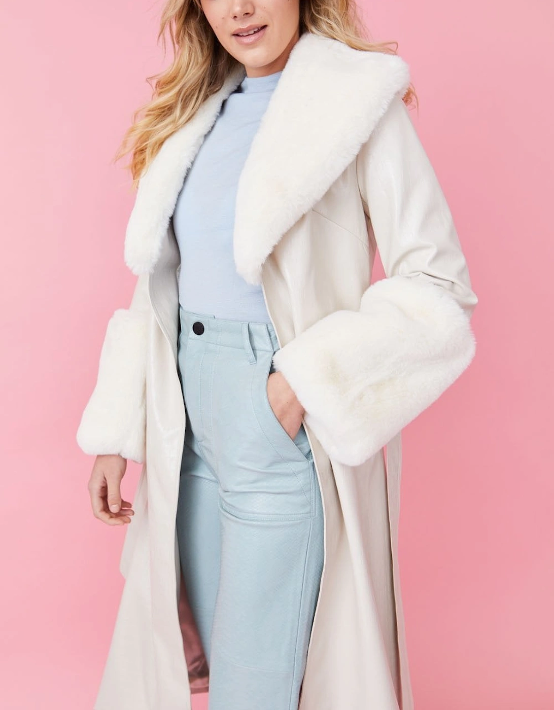 White Faux Leather Jacket With Detachable Faux Fur Cuffs & Collar