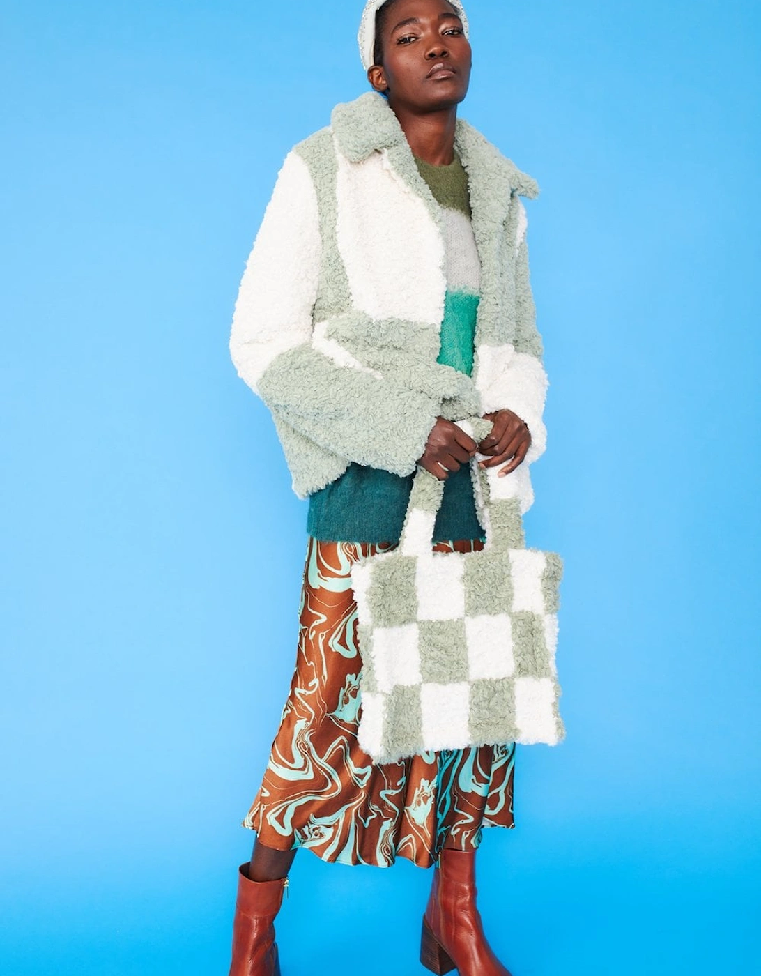 Green and White Faux Shearling Checkered Oversized Coat, 11 of 10