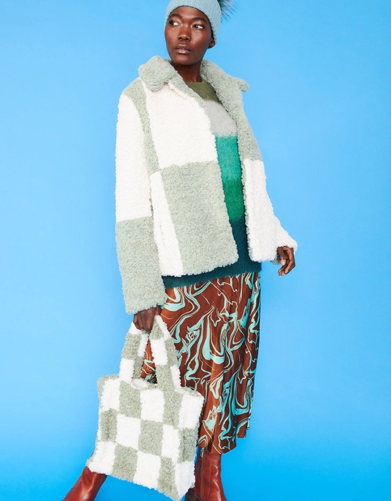 Green and White Faux Shearling Checkered Oversized Coat