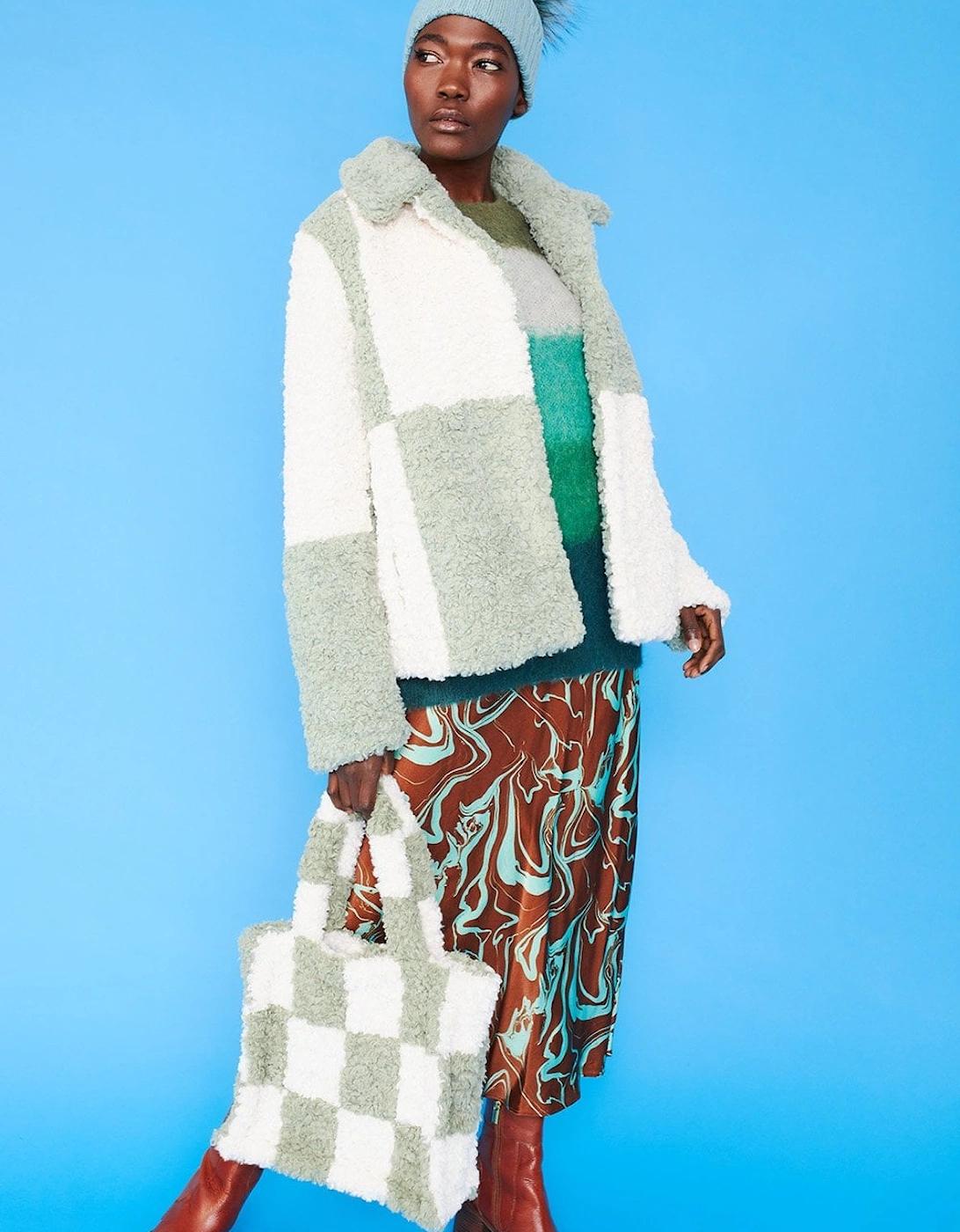 Green and White Faux Shearling Checkered Oversized Coat