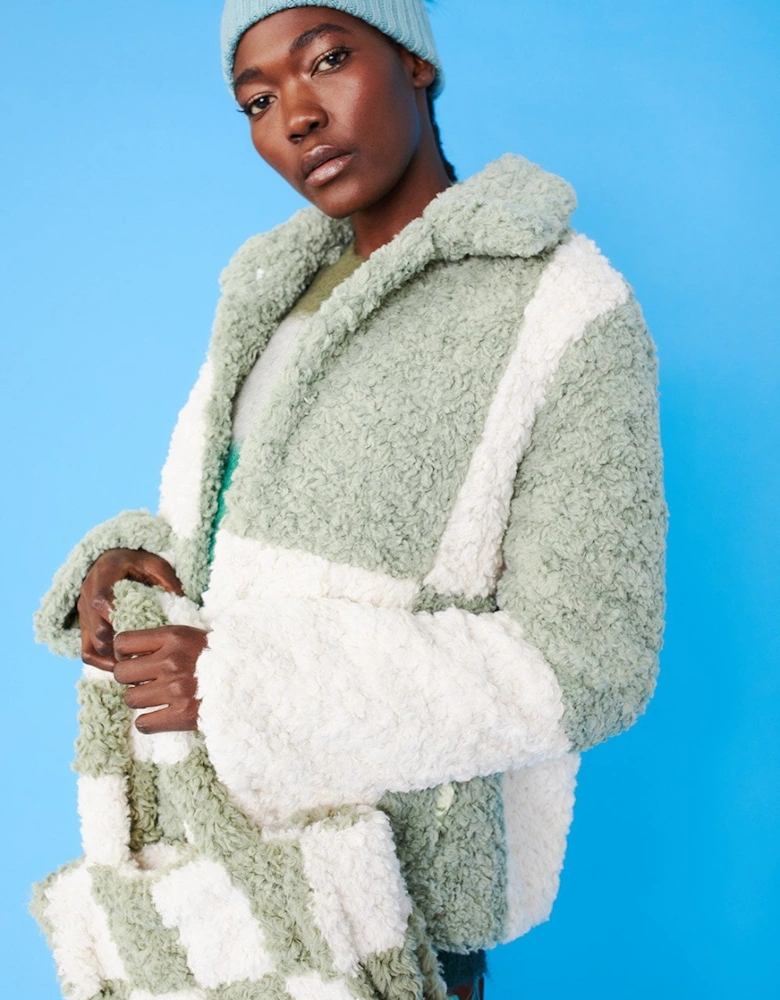 Green and White Faux Shearling Checkered Oversized Coat