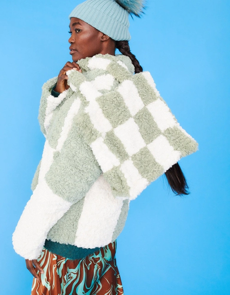 Green and White Faux Shearling Checkered Oversized Coat