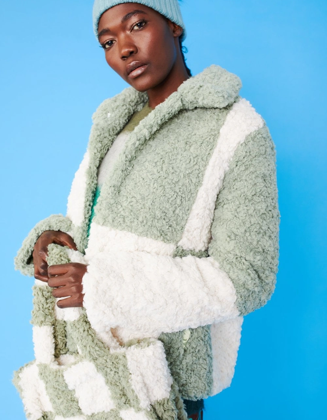 Green and White Faux Shearling Checkered Oversized Coat