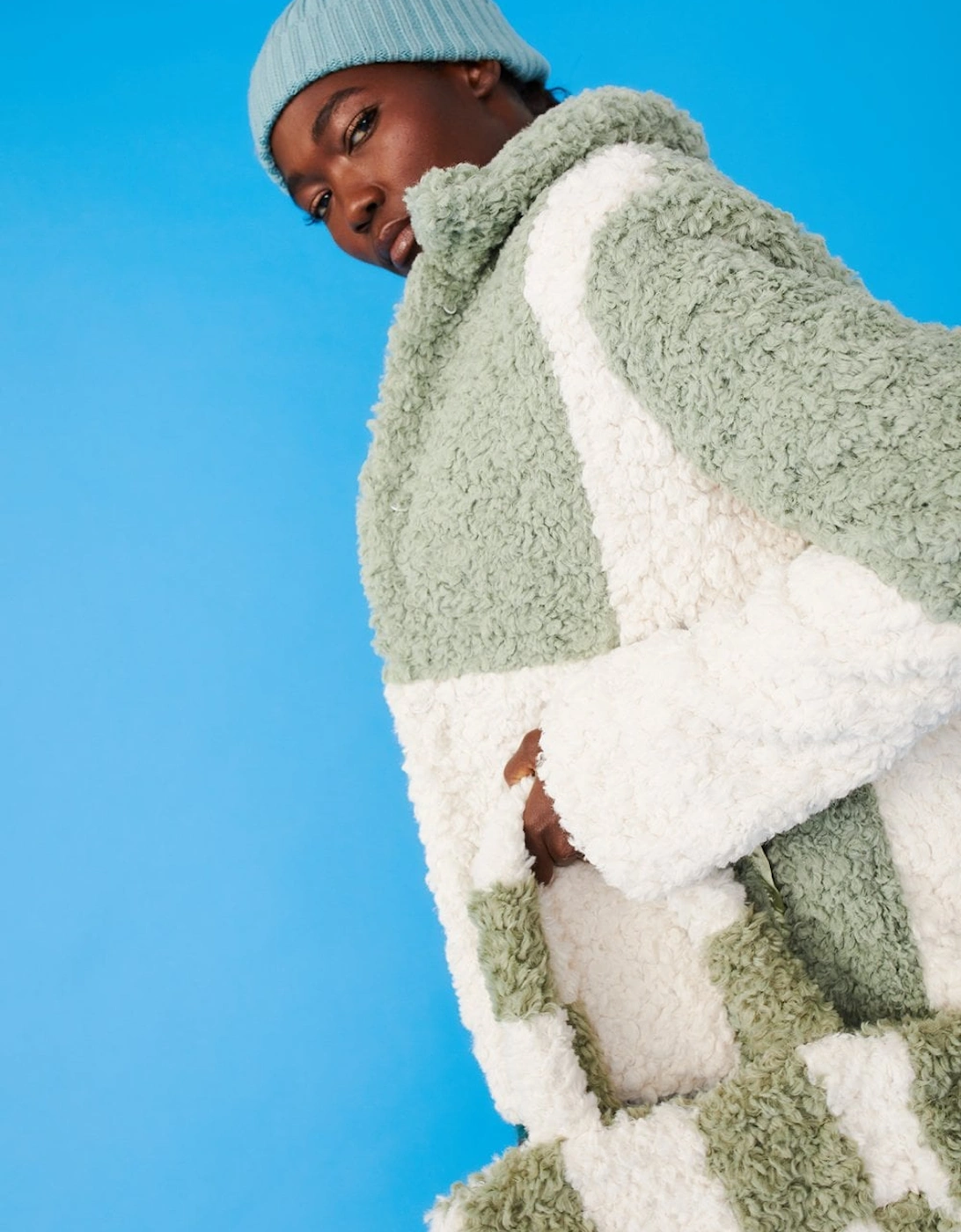Green and White Faux Shearling Checkered Oversized Coat