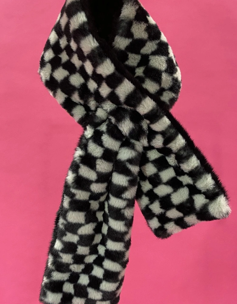 Mint and Black Checkered Print Multi-way Faux Fur Scarf