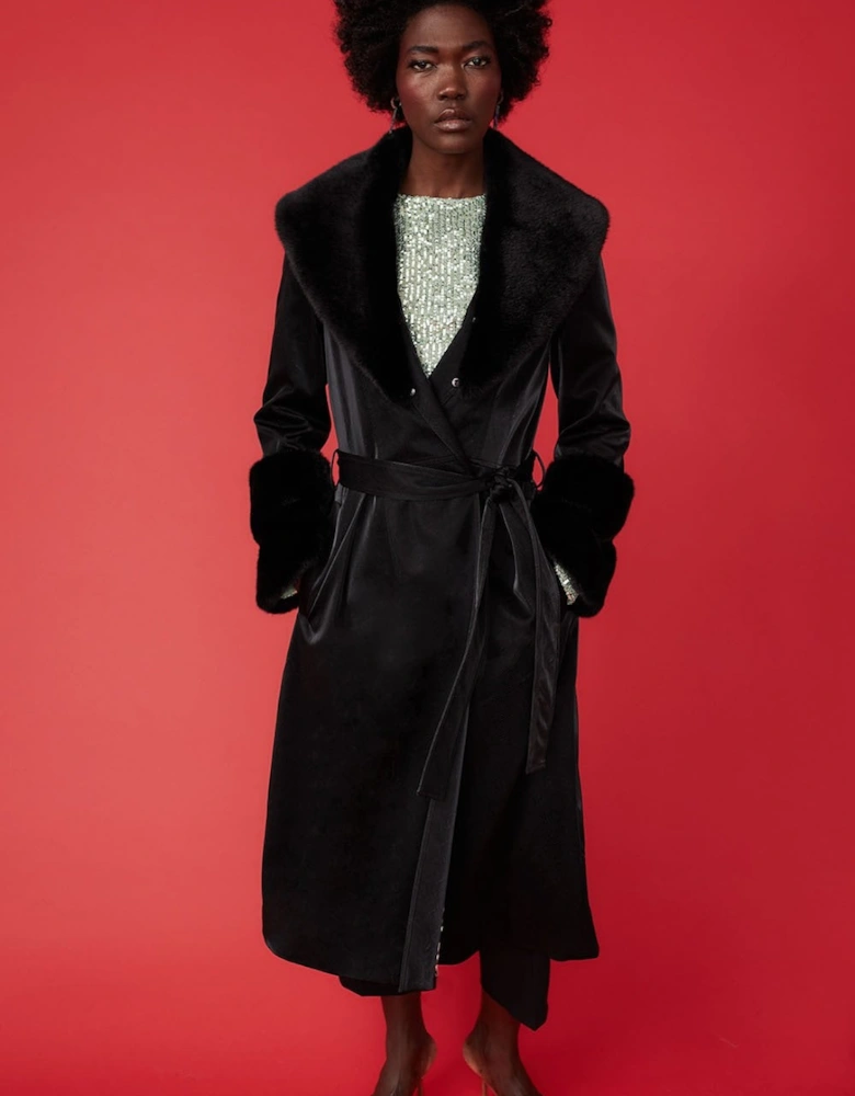 Black Trench Style Belted Coat with Faux Fur Cuffs and Collar