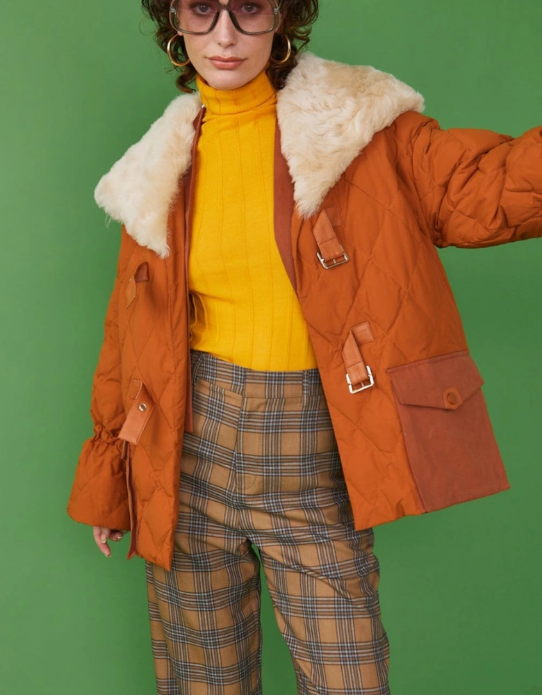 Rust Shearling Parka with Down and Leather Details