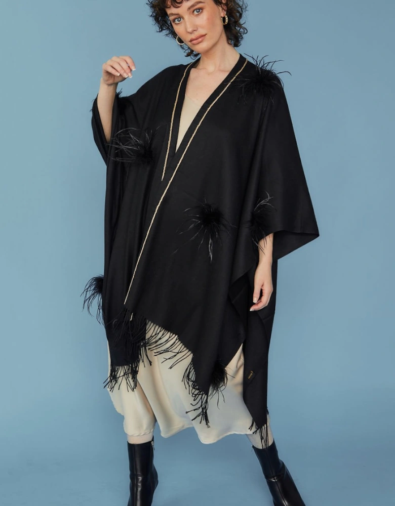 Black Cashmere Wrap with Feathers