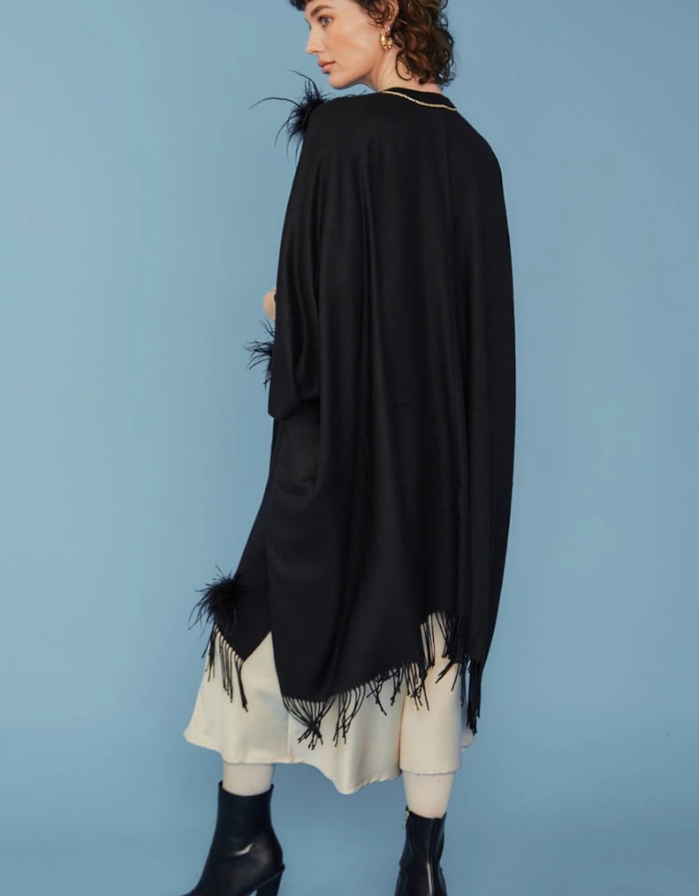 Black Cashmere Wrap with Feathers