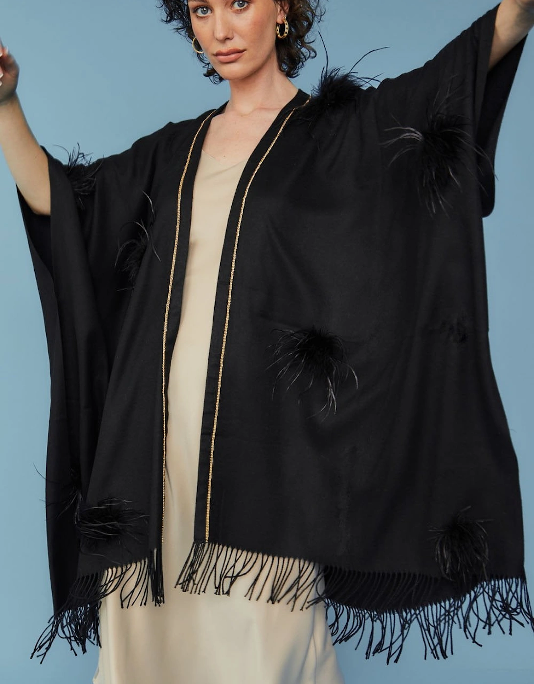 Black Cashmere Wrap with Feathers, 4 of 3