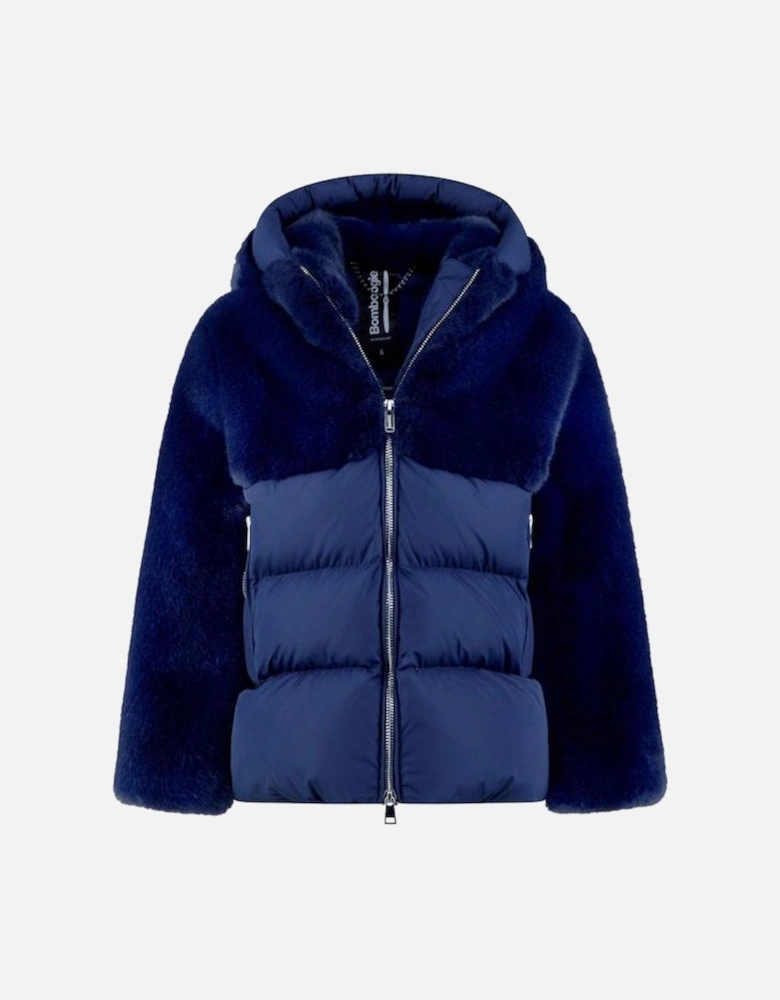 Girls Navy Fur Coat With Hood