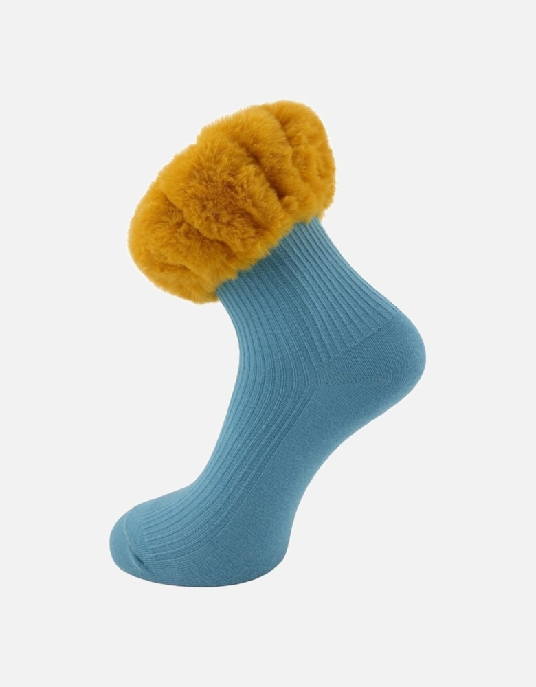 Blue Socks with Yellow Faux Fur Trim