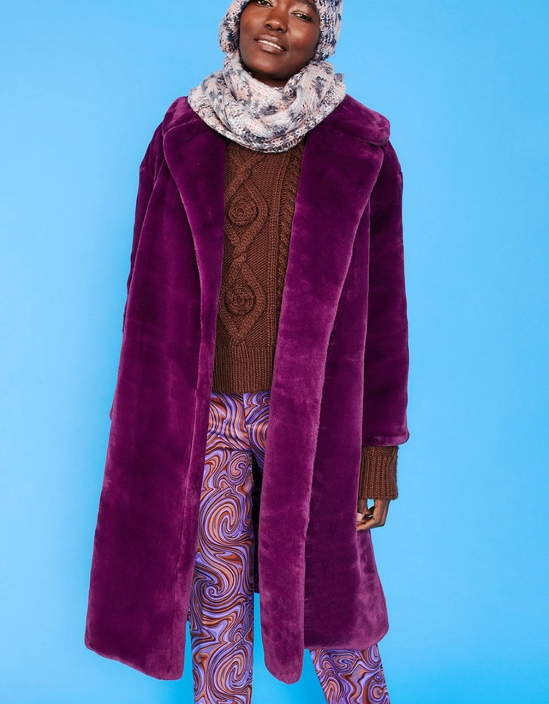 Purple Faux Fur Midi Shaved Shearling Coat