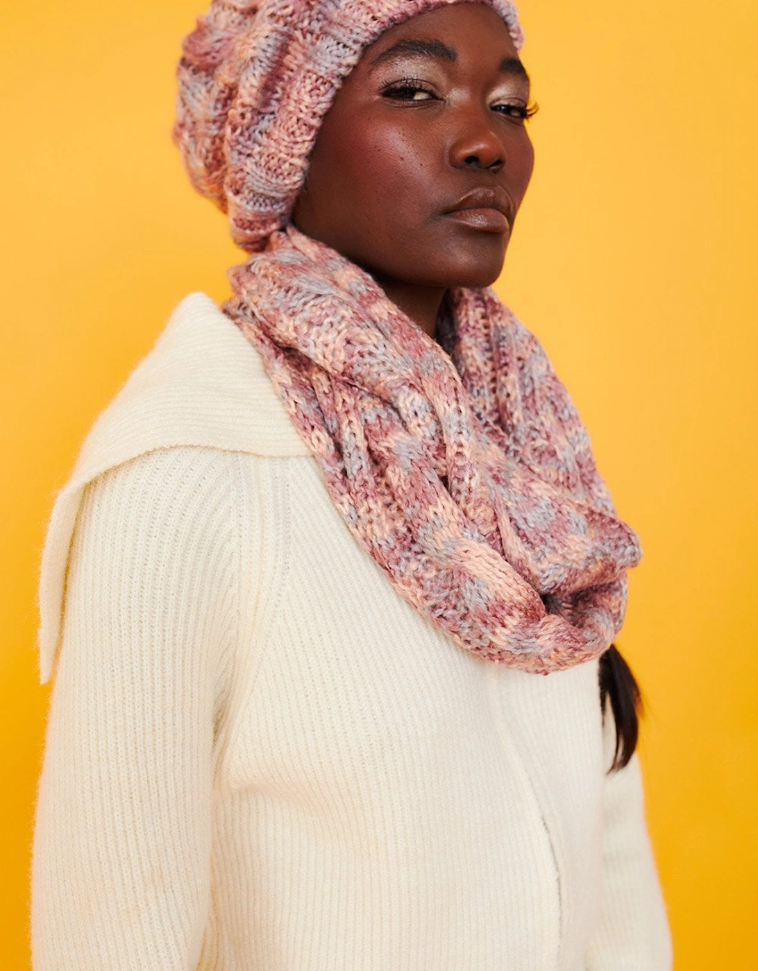 Handmade Knitted Wooly Scarf and Hat Set in Pink Tones