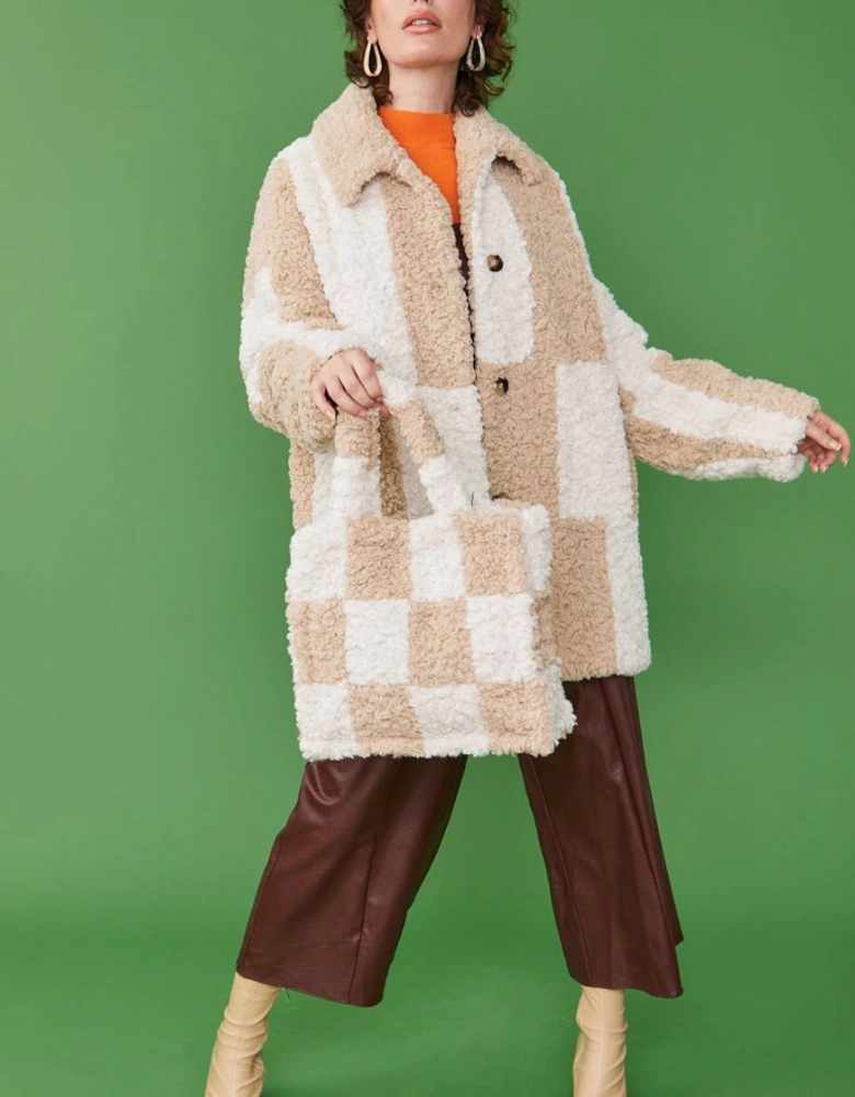 Oversized Mocha and Cream Checkered Midi Coat